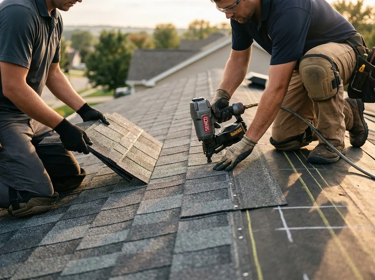 Professional roofer working on a residential roof in Thousand Oaks